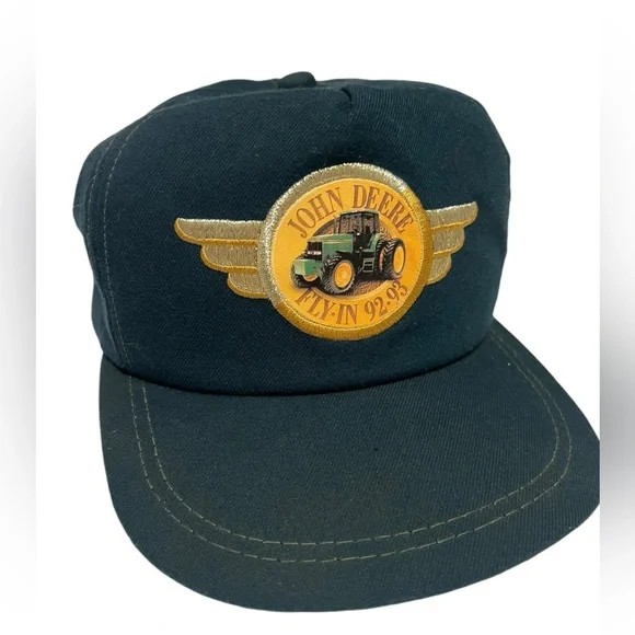 Vintage JOHN DEERE FLY-IN 92-93 Farmer Trucker Hat Cap golden wing Leather Strap - Picture 1 of 12